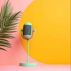 Leinwandbilder - Retro-Chic Audio Design Pastel Blue Vintage Microphone on Bold Yellow and Pink Backdrop - Creative Media Spaces and Modern Podcasting Solutions