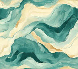 Gentle waves of soft turquoise and light tan create serene abstract design, Seamless Pattern Style.