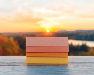 Poster - Sunset Gradient Paper Stack on Textured Wood Surface - Creative Marketing Visuals and Professional Branding for Modern Design Solutions