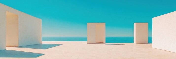 Aufkleber - Modern Minimalist Architecture Sunlit Mediterranean Seaside Structures in White Concrete - Coastal Design Content and Urban Planning Inspiration for Luxury Real Estate