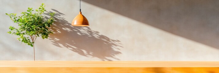 Poster - Minimalist Kitchen Design Wooden Workspace with Pendant Lamp and Greenery - Professional Aesthetic for Modern Culinary Efficiency and Sustainable Restaurant Operations