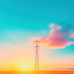 Poster - Vibrant Sunset Over Power Grid Steel Transmission Tower and Wind Energy Innovations - Sustainable Energy Infrastructure and Eco-friendly Electricity Solutions