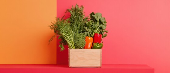 Fototapete - Geometric Produce Display Wooden Crate with Colorful Vegetables - Modern Retail Design and Farm-to-Table Merchandising for Vibrant Marketplace Engagement