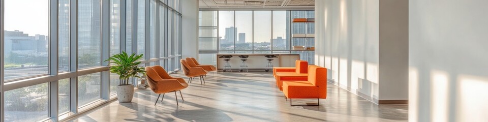 Poster - Modern Collaborative Workspace Design Modular Orange Seating and Potted Plants in Open Office with Floor-to-Ceiling Windows - Commercial Interior for Dynamic Business Environments