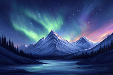 Wall Mural - aurora borealis over the mountains