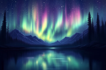 Wall Mural - aurora borealis over the mountains