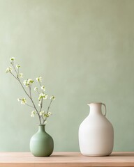 Poster - Minimalist Educational Workspace Ceramic Vases with Greenery on Wooden Surface - Contemporary Design for Academic Focus and Eco-Friendly Learning Environments
