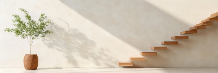 Leinwandbilder - Modern Minimalist Floating Staircase Design in Sunlit Open Concept Space Architectural Ingenuity and Natural Wood for Urban Residential Innovation