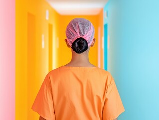 Aufkleber - Vibrant Healthcare Hallway Modern Design Aesthetic with Medical Staff in Bright Orange Uniform for Enhanced Patient Experience and Efficient Hospital Workflow