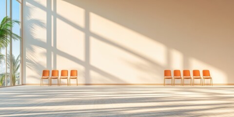 Poster - Minimalist Event Venue Sunlit Modern Conference Room with Vibrant Chairs on Hardwood Floors - Business Innovation and Dynamic Meeting Space for Corporate Productivity