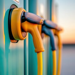 Poster - Vibrant Charging Station Display Sleek Metallic EV Chargers with Yellow Connection Cables - Sustainable E-Mobility Content for Urban Infrastructure and Green Technology Promotion