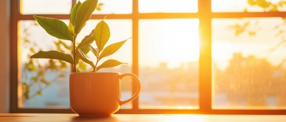 Wall Mural - Sunlit Minimalist Workspace Ceramic Mug with Ficus Plant on Wooden Desk - Modern Home Office Decor and Sustainable Relaxation Ambience for Creative Professionals