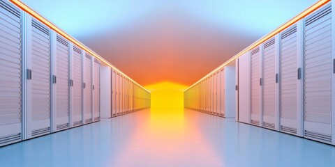 Aufkleber - Neon-Illuminated Data Center Sleek Server Rows with Cool Metallic Finish - Cutting-Edge Digital Infrastructure for Cloud Computing and Business Innovation