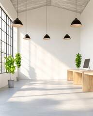 Poster - Industrial Minimalism Open Office Workspace with Natural Light and Sustainable Wood Desks Modern Corporate Interiors for Collaborative Business Environments