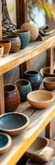 Fototapete - Rustic Elegance Handcrafted Oval Pottery on Wooden Shelves - Artisan Textures for Local Retail Displays and Sustainable Home Decor Trends