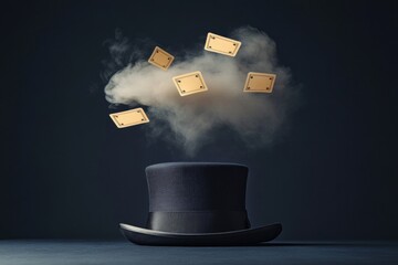 Fototapete - Surreal Magic Display Smoky Illusions with Floating Cards and Textured Top Hat Interactive Visual Content for Creative Marketing and Entertainment Industries