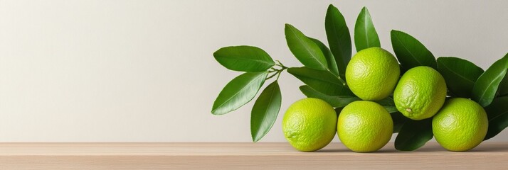 Fototapete - Nature-Inspired Citrus Display Organic Limes and Leafy Greens on Minimalist Wooden Surface - Fresh Market Promotion and Sustainable Kitchen Decor Solutions
