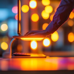 Leinwandbilder - Contemporary Open Office Professional at Dual Monitor Standing Desk with Warm Ambient Lights - Flexible Workspaces and Ergonomic Tech Solutions for Modern Business Environments
