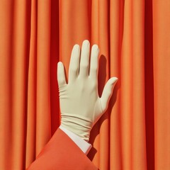 Poster - Velveteen Reveal Contemporary Visual Storytelling with Gloved Hands on Dramatic Curtain for Digital Marketing and Creative Entertainment Content Creation