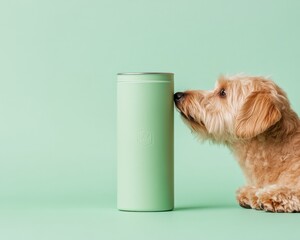 Aufkleber - Whimsical Pastel Green Beverage Display Terrier Engages with Matcha Milk on Emerald Backdrop - Lifestyle Marketing and Creative Food for Modern Brands