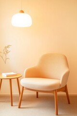 Canvas Print - Scandi-Chic Workspace Cozy Natural Chair and Oak Table with Soft Lighting - Enhancing Corporate Mental Health and Tranquil Office Design