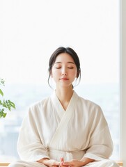 Poster - Minimalist Corporate Wellness Korean Coach Guides Office Professionals in Mindful Breathing Session with Natural Light and Neutral Decor - Enhancing Employee Engagement