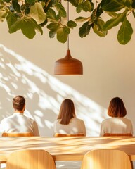 Poster - Mid-Century Modern Business Meeting Wooden Conference Table with Team in Earth-Tone Attire - Corporate Workspace Inspiration and Collaborative Innovation