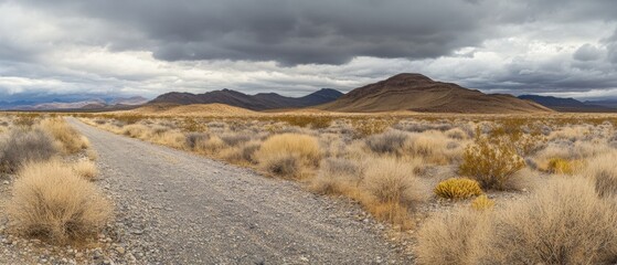 Wall Mural - A rugged desert landscape fades into distant mountains under a moody sky, blending isolation and beauty in the vastness of untouched nature.