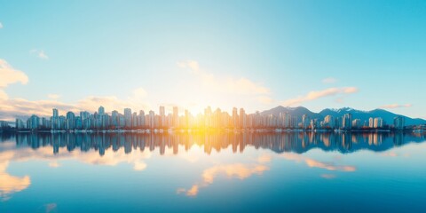 Aufkleber - Coastal Urban Sunrise Modern Skyscrapers Reflecting on Serene Waterfront - Luxury Real Estate Promotion and Urban Tourism Marketing Visual