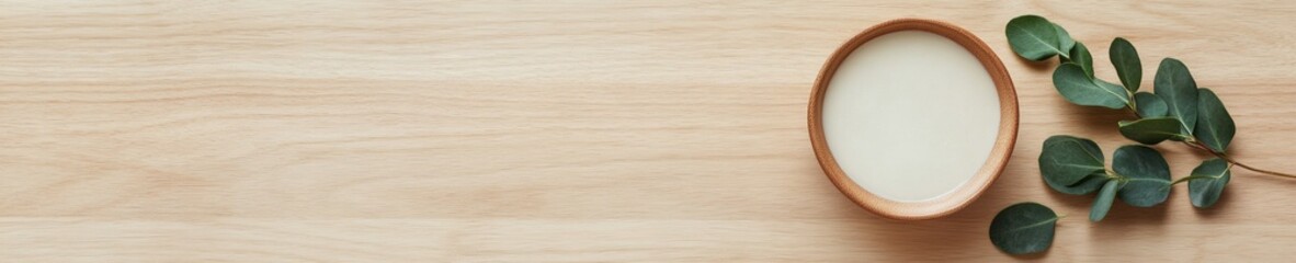 Poster - Botanical Flatlay Artisanal Wooden Bowl with Eucalyptus and Cream on Textured Surface - Elevating Sustainable Design for Modern Marketing and Eco-Friendly Retail Displays