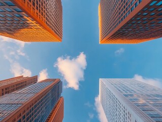 Poster - Contemporary Urban Skyscrapers Glass Facades and Skyward Perspectives in Financial Hub - Dynamic Architecture Content for Business Innovation and City Tourism Marketing