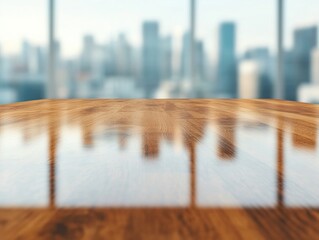 Poster - Urban Minimalism Sleek Wood Conference Table with City Skyline - Sophisticated Office Decor for Modern Business Environments and Urban Workspace Innovation