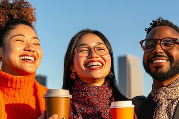 Poster - Urban Coffee Break Vibes Dynamic Multiethnic Professionals with To-Go Cups Amidst Cityscape Authentic Workplace Connection and Diverse Team Networking