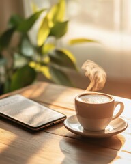 Poster - Sustainable Morning Ritual Steaming Coffee on Wooden Cafe Table with Smartphone Urban Living and Digital Marketing for Modern Lifestyle Branding