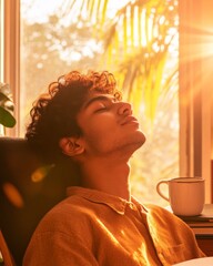 Poster - Mindful Study Space Young Indian Male Relaxing with Natural Light and Coffee - Academic Wellness and Stress Relief for Modern Student Productivity
