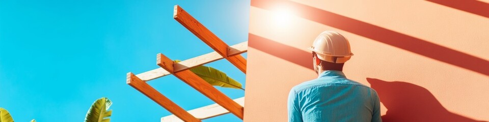 Aufkleber - Contemporary Safety in Construction Worker on Scaffold Reviewing Structural Blueprints Against Clear Sky - Industrial Content and Compliance for Modern Engineering Solutions
