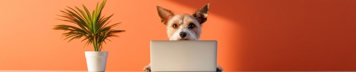 Poster - Contemporary Canine Workspace Focused Dog at Laptop with Plant Decor - Pet-Friendly Office Visuals for Modern Work-Life Balance and Digital Marketing Content