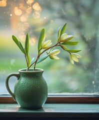 Canvas Print - A green vase containing a lush plant is placed on a window sill, adding a touch of nature to the indoor space and enhancing the ambiance.