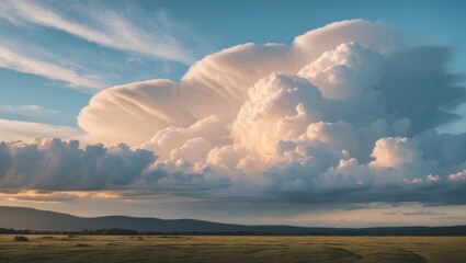 Wall Mural - Dramatic cloud formations under a clear sky with rolling hills and green fields in the foreground during sunset light.