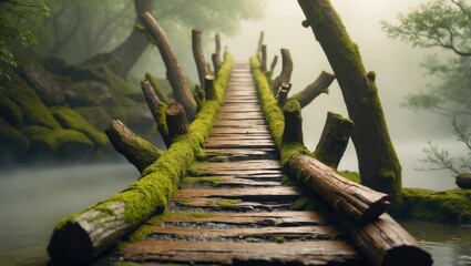 Wall Mural - Moss-covered wooden pathway through misty forest leading to tranquil water scene in nature landscape