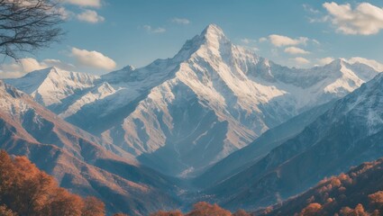 Sticker - Snow-capped mountain peak surrounded by autumn foliage and cloudy sky in mountainous landscape during daylight