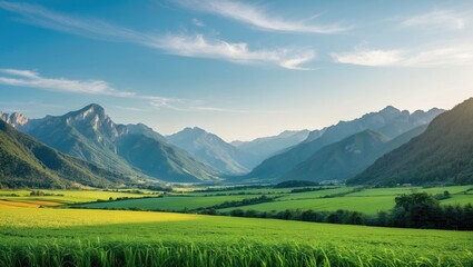 Canvas Print - Mountain landscape with green fields and blue sky at sunrise in a panoramic view of the valley and peaks.