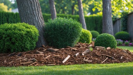 Wall Mural - Well-maintained garden landscape with mulch, decorative shrubs, and trees under natural daylight