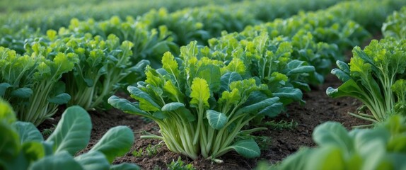 Wall Mural - Green leafy vegetable fields with fresh healthy plants growing in well-maintained agricultural landscape.