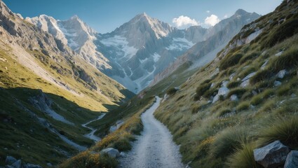 Wall Mural - Mountain landscape with a winding dirt path through grassy fields leading towards towering snow-capped peaks under a clear blue sky