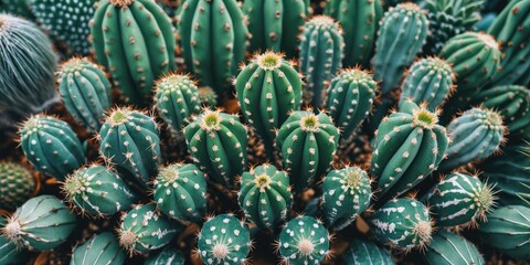 Wall Mural - Diverse collection of various cacti species arranged closely with distinct shapes and textures in natural lighting