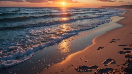 Poster - sunset over ocean waves on sandy beach with footprints in the sand and distant shoreline in warm sunlight