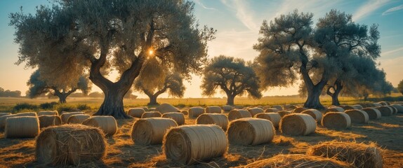 Wall Mural - Olive trees in a rural landscape at sunset with round hay bales scattered on golden fields under a clear sky