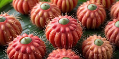 Poster - Pink and green spiky fruits arranged on a green leaf surface in a close-up shot, highlighting unique textures and colors.