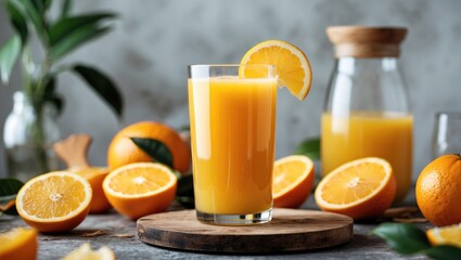 Poster - Freshly squeezed orange juice in a glass with lemon slice garnishing, surrounded by oranges and a jug of juice on a rustic wooden table.